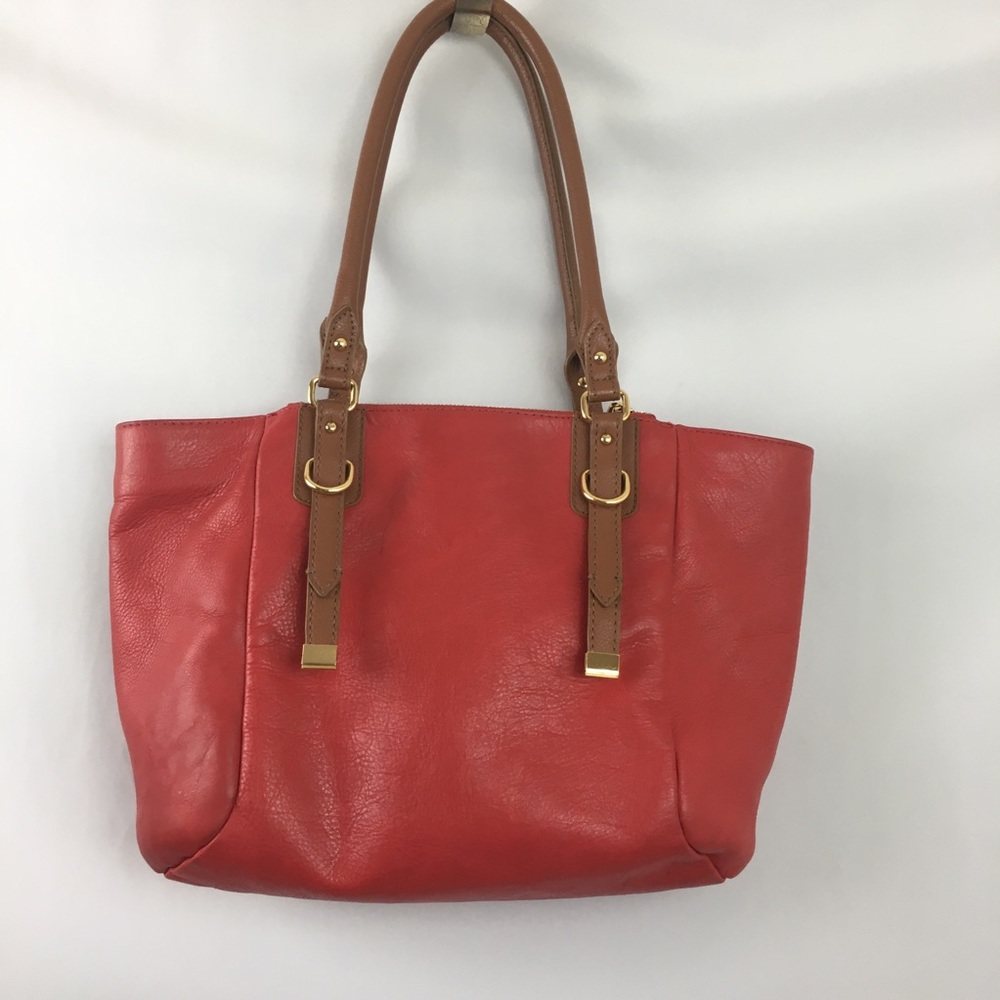 SALE**Red Leather Shoulder Bag Tote Tan Trim